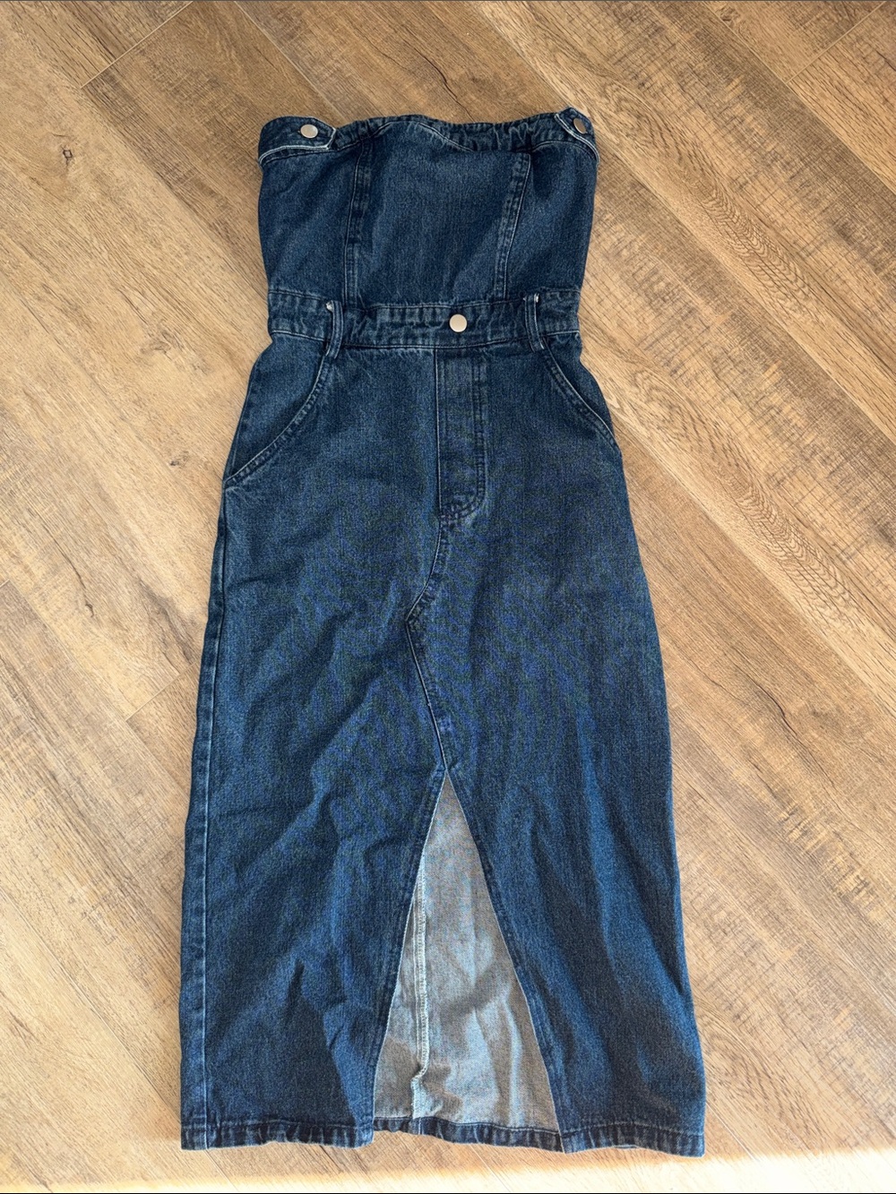 Vici Dark Blue Strapless Denim Midi Dress with Front Zip
